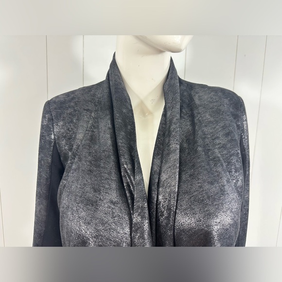 Cache Sz S Black Coated Drape Open Front Cardigan Sweater Side & Sleeve Zip - Picture 2 of 13